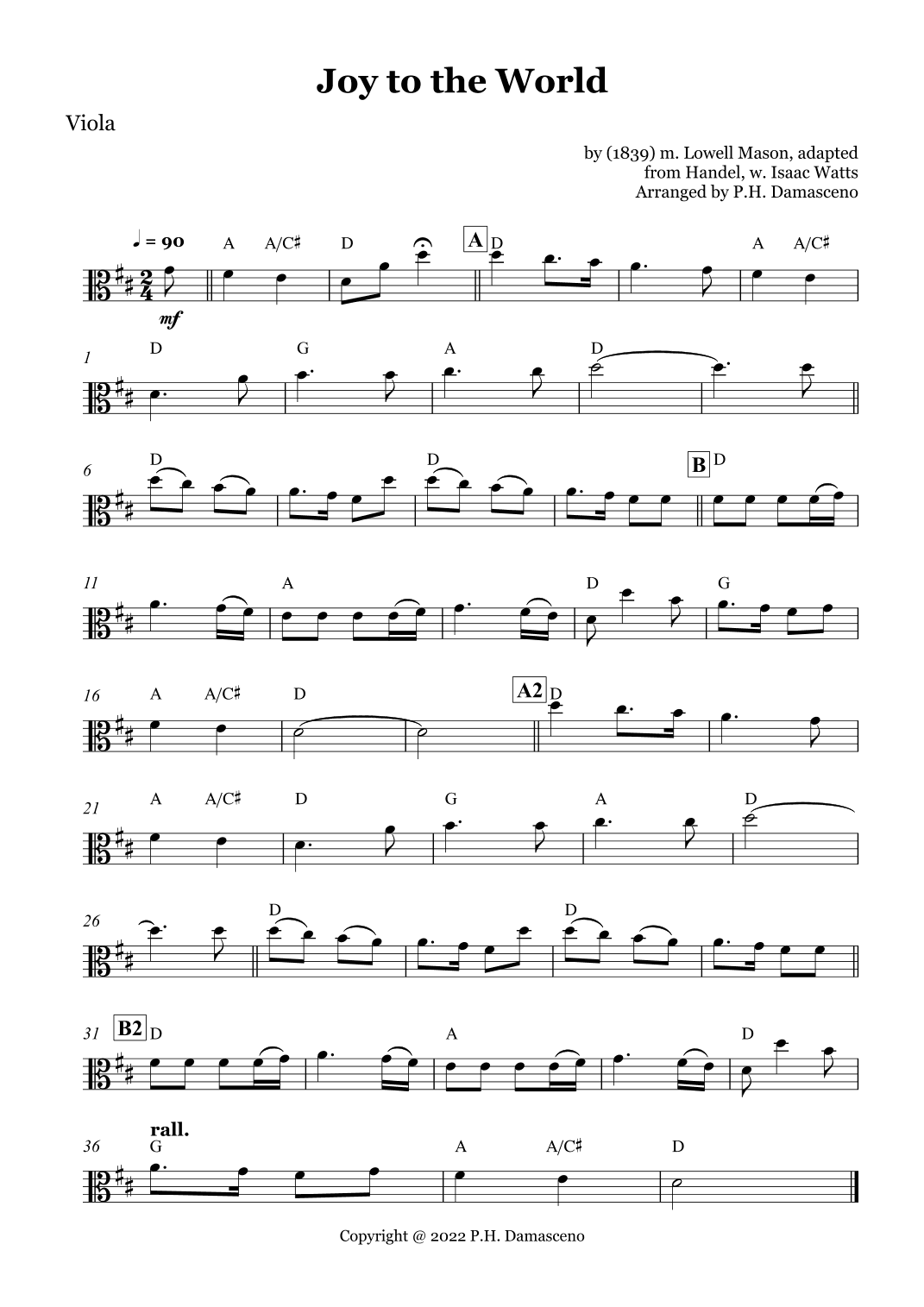 Joy to the World - Viola Solo and Piano Accompaniment with Chords (arr. P.H. Damasceno)