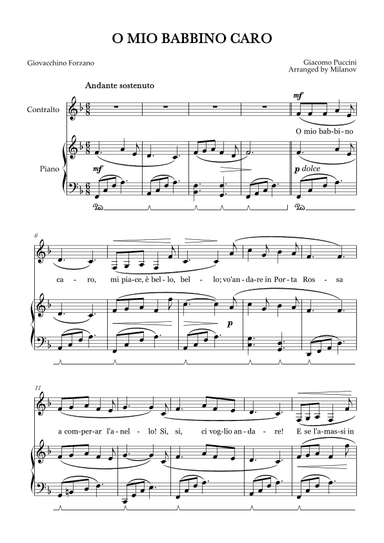 O Mio Babbino Caro | Female Voice Contralto | F Major | Piano accompaniment | Pedal (arr. Milanov)