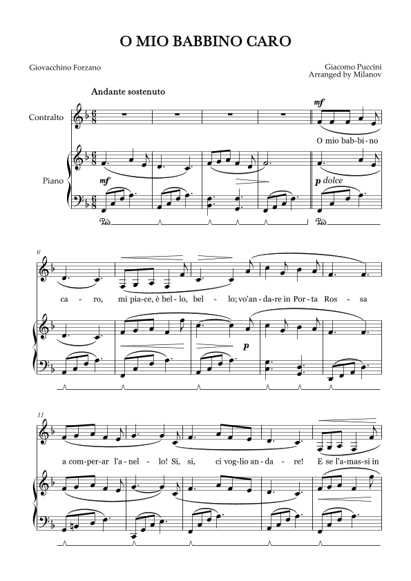 O Mio Babbino Caro | Female Voice Contralto | F Major | Piano accompaniment | Pedal (arr. Milanov)
