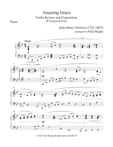 Amazing Grace (Bb Trumpet & Piano) - Piano part (arr. Nick Raspa)