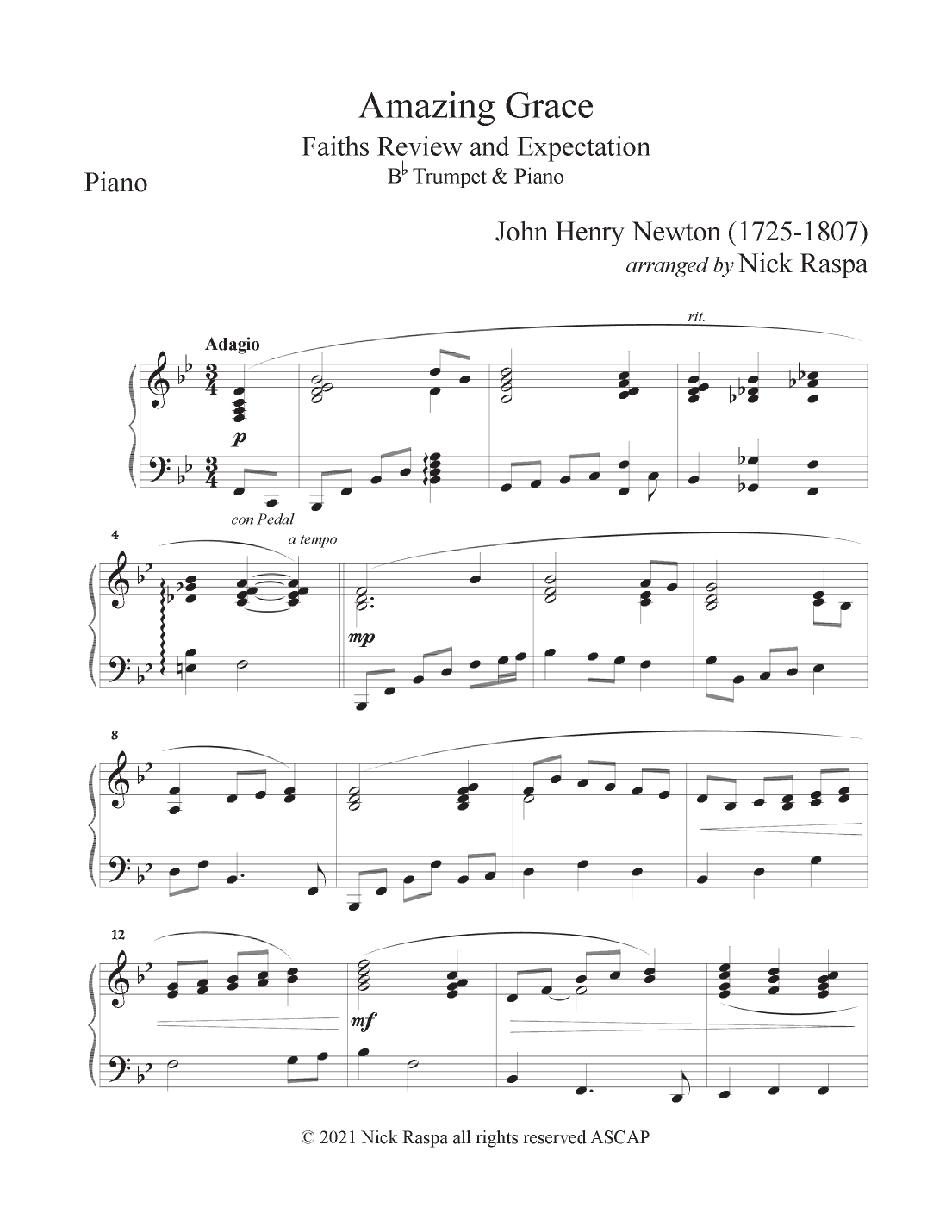 Amazing Grace (Bb Trumpet & Piano) - Piano part (arr. Nick Raspa)