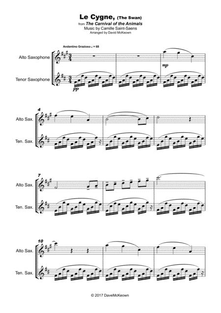 The Swan, (Le Cygne), by Saint-Saens, Duet for Alto and Tenor Saxophone (arr. David McKeown)