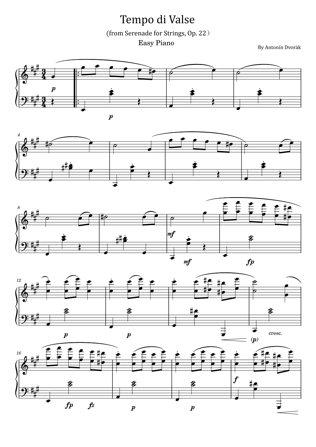 DVORAK - Tempo di valse - Serenade for Strings in E Major, Op.22, B 52 - For Easy Piano (arr. poon)