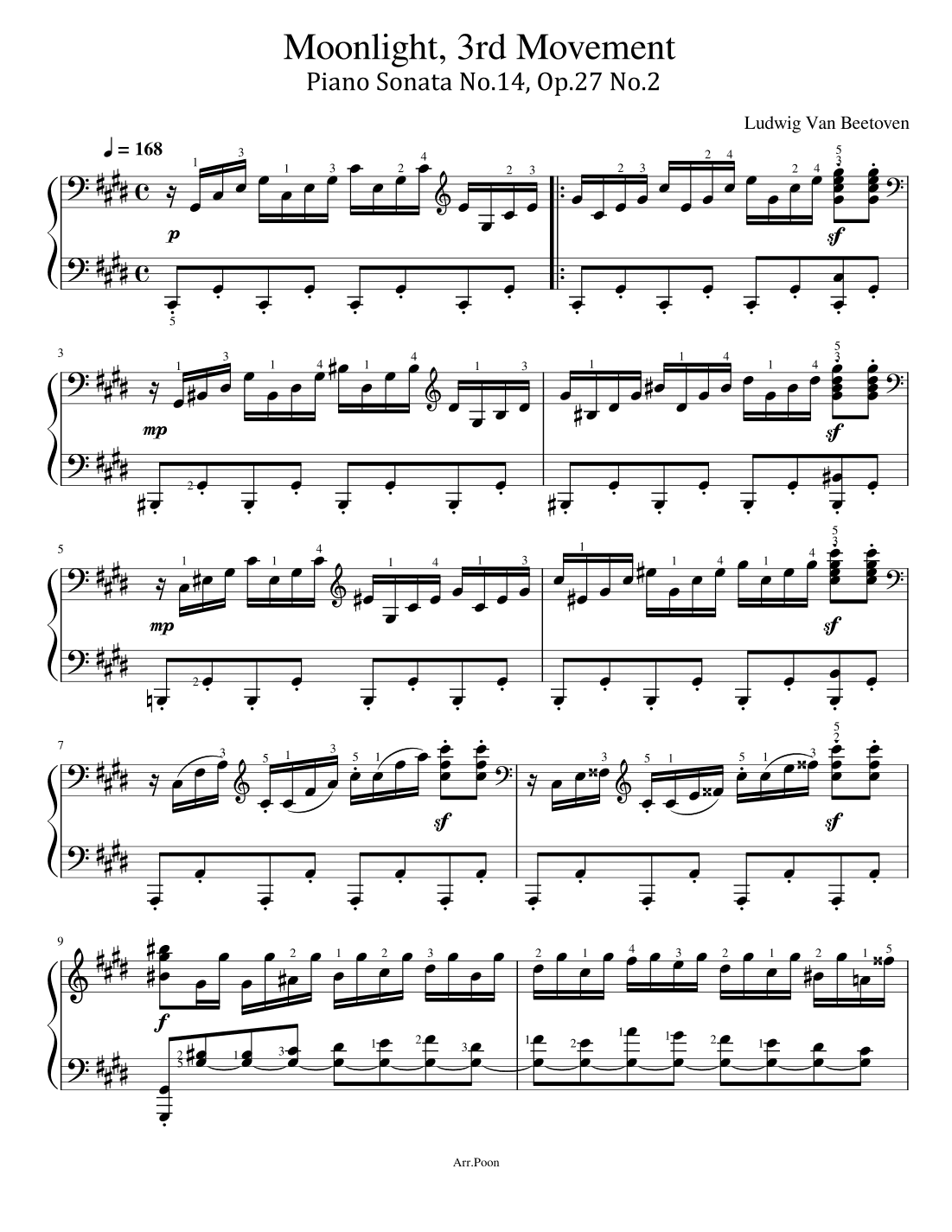 Beethoven - Piano Sonata No.14, Op.27 No.2 - 3rd Movement - "Moonlight" - Original With Fingered (arr. poon)