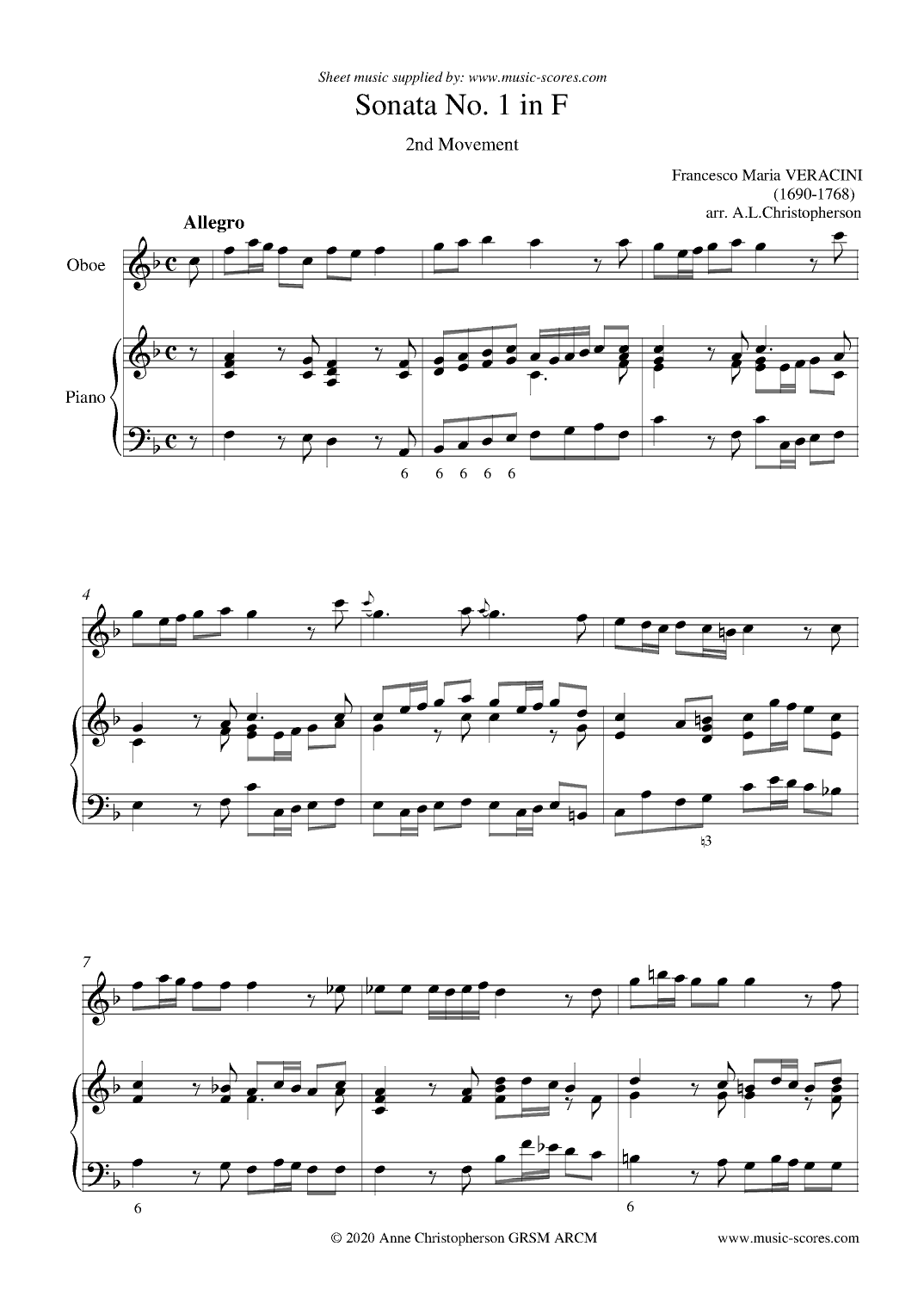 Veracini Allegro - Oboe and Piano (arr. Anne L Christopherson GRSM ARCM)