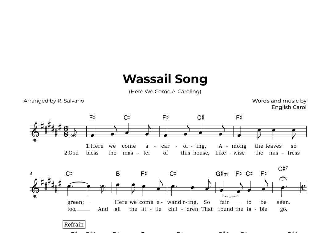 Wassail Song (Here We Come A-Caroling) - Key of F-Sharp Major (arr. R. Salvario)
