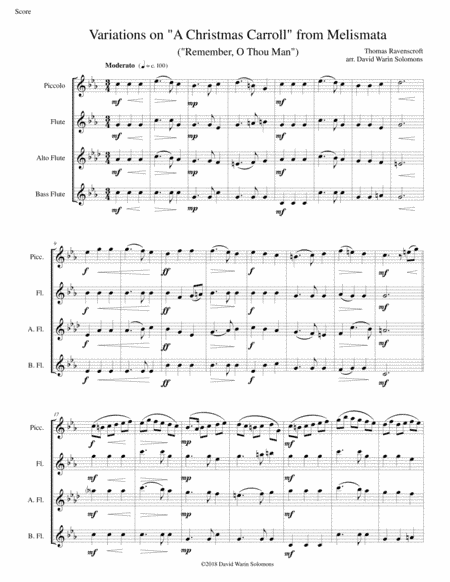 Variations on Remember, O Thou Man (A Christmas Carroll from Ravenscroft's Melismata) for flute quar (arr. David Warin Solomons)