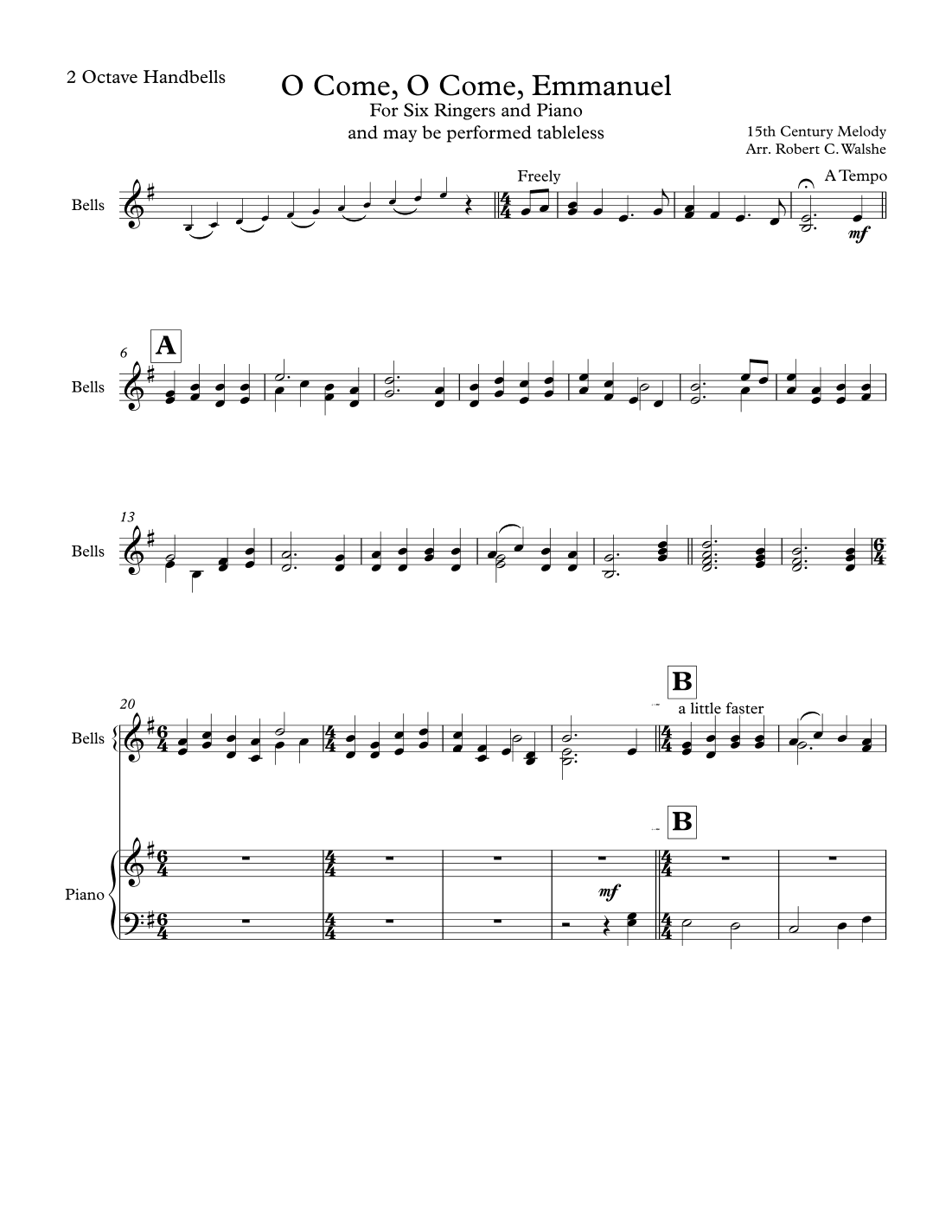 O Come,O Come Emmanuel for 2 Octave Bells and Piano (arr. Robert C. Walshe (rcwalshe@gmail.com))