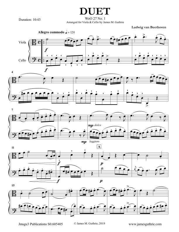 Beethoven: Duet WoO 27 No. 1 for Viola & Cello (arr. James M. Guthrie, ASCAP)