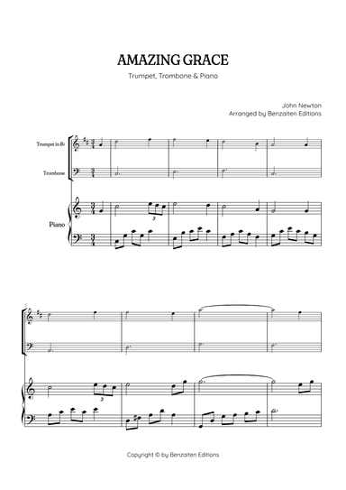 Amazing Grace • super easy trumpet and trombone sheet music w/ intermediate piano accomp (arr. Benzaiten Editions)
