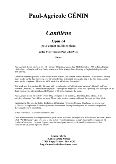 Paul-Agricole Génin: Cantilène, Opus 64 for Bb cornet and piano (arr. Paul Wehage)