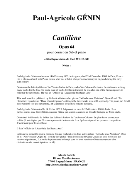 Paul-Agricole Génin: Cantilène, Opus 64 for Bb cornet and piano (arr. Paul Wehage)