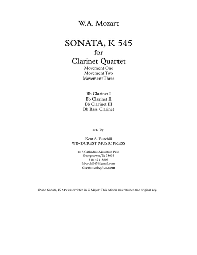 SONATA IN C, K 545 for Clarinet Quartet (arr. Kent S. Burchill)