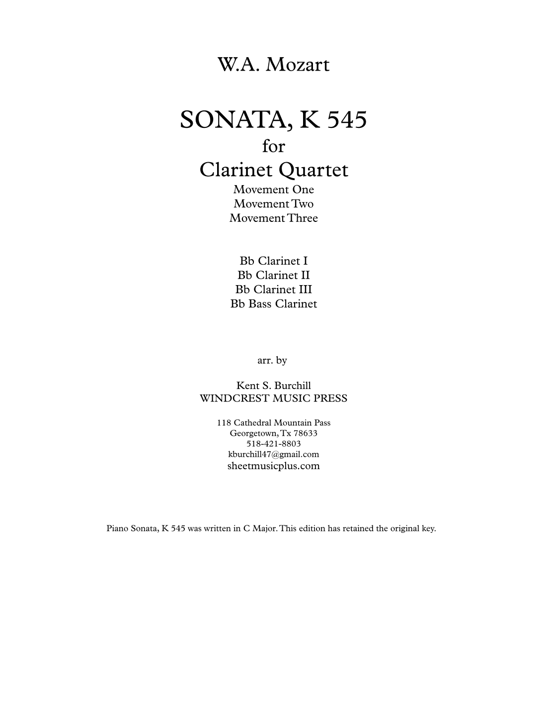 SONATA IN C, K 545 for Clarinet Quartet (arr. Kent S. Burchill)