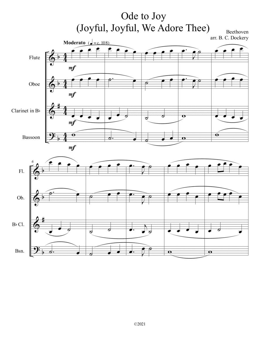 Ode to Joy (Joyful, Joyful, We Adore Thee) for Woodwind Quartet (arr. B. C. Dockery)