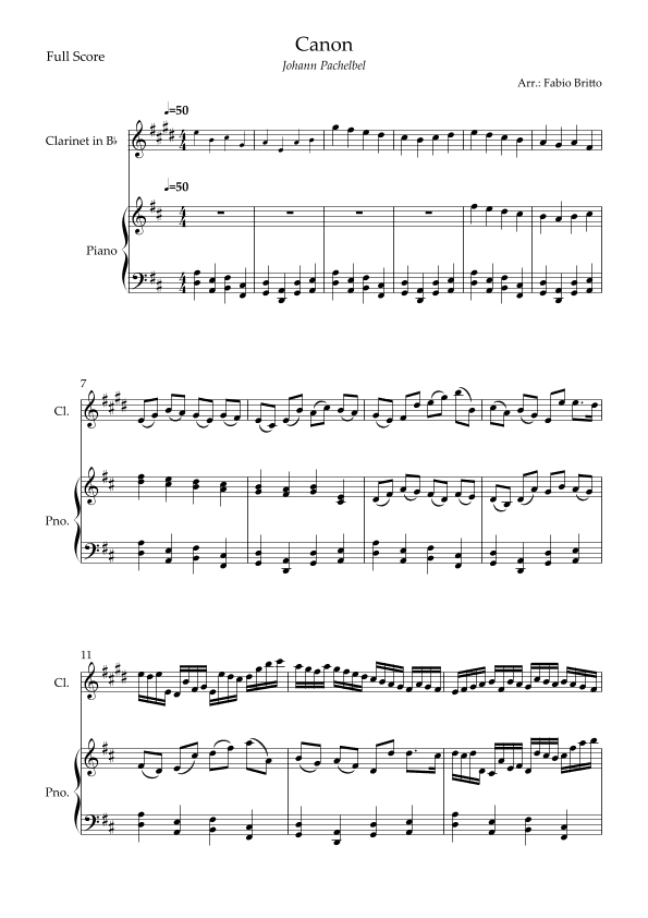 Canon - Johann Pachelbel (Wedding/Reduced Version) for Clarinet in Bb Solo and Piano Accompaniment (arr. Fabio Britto)