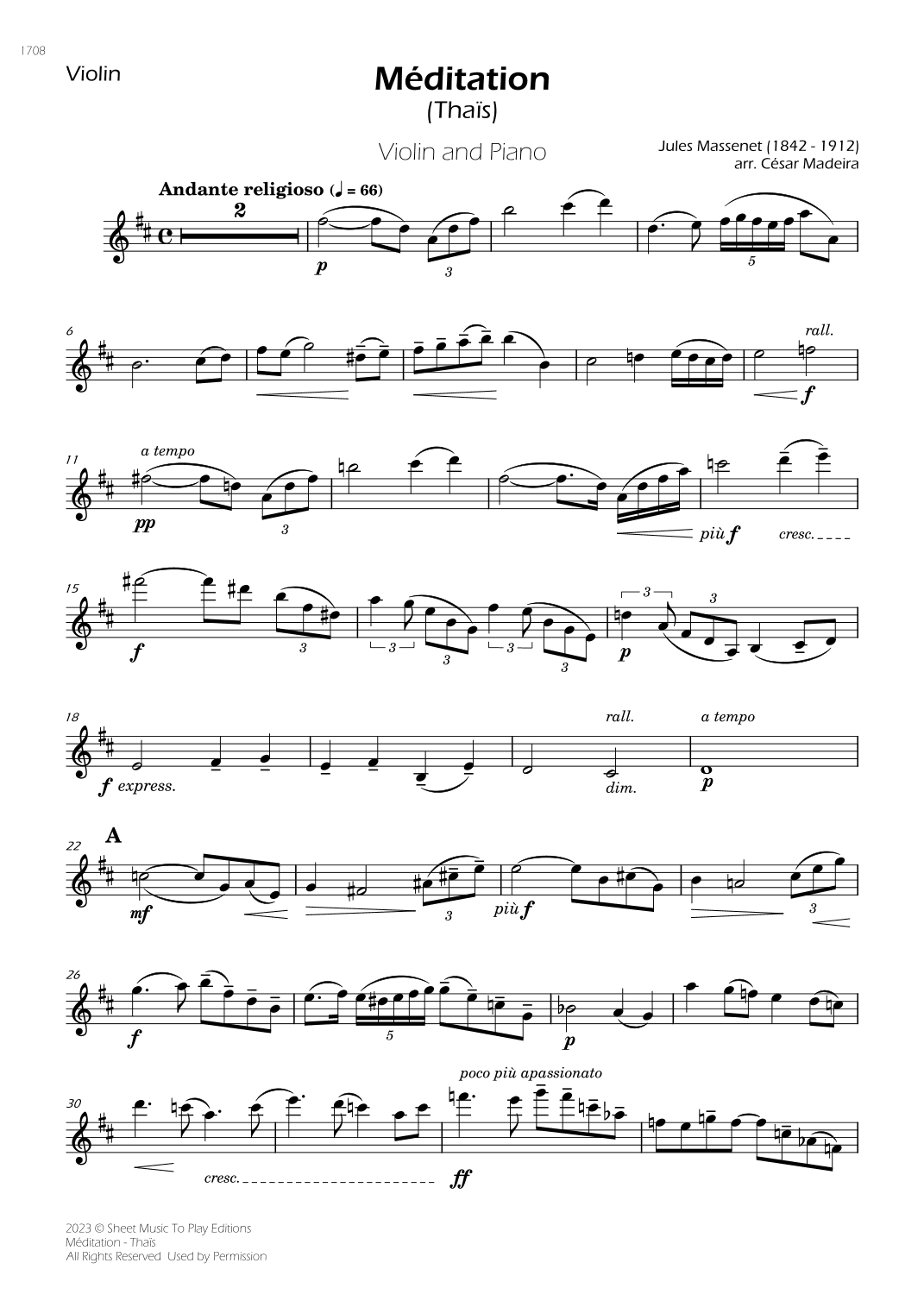 Meditation from Thais - Violin and Piano (Individual Parts) (arr. César Madeira)