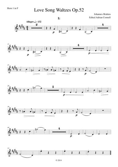 Brahms - Love Song Waltzes Op.52 for Choir and Chamber Orchestra - Horn 1 (arr. Adrian Connell)