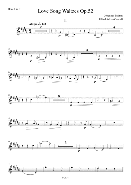 Brahms - Love Song Waltzes Op.52 for Choir and Chamber Orchestra - Horn 1 (arr. Adrian Connell)