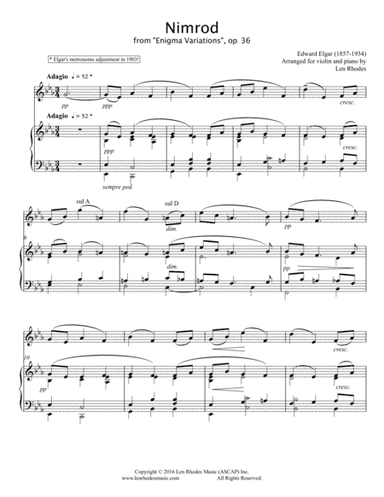 Elgar Nimrod, from 'Enigma Variations'; arranged for Violin and Piano (arr. Len Rhodes)
