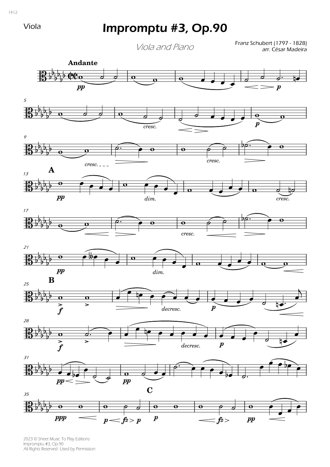 Impromptu No.3, Op.90 - Viola and Piano (Individual Parts) (arr. César Madeira)