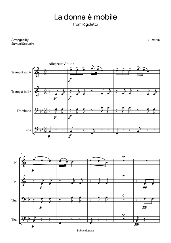 La donna è mobile - Brass Quartet (2 Trumpets; Trombone; Tuba) (arr. Samuel Sequeira)