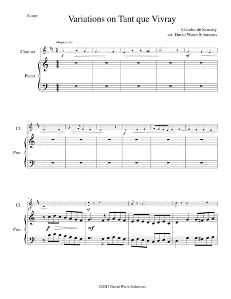 Variations on Tant que vivray (As long as I live) for clarinet and piano (arr. David Warin Solomons)