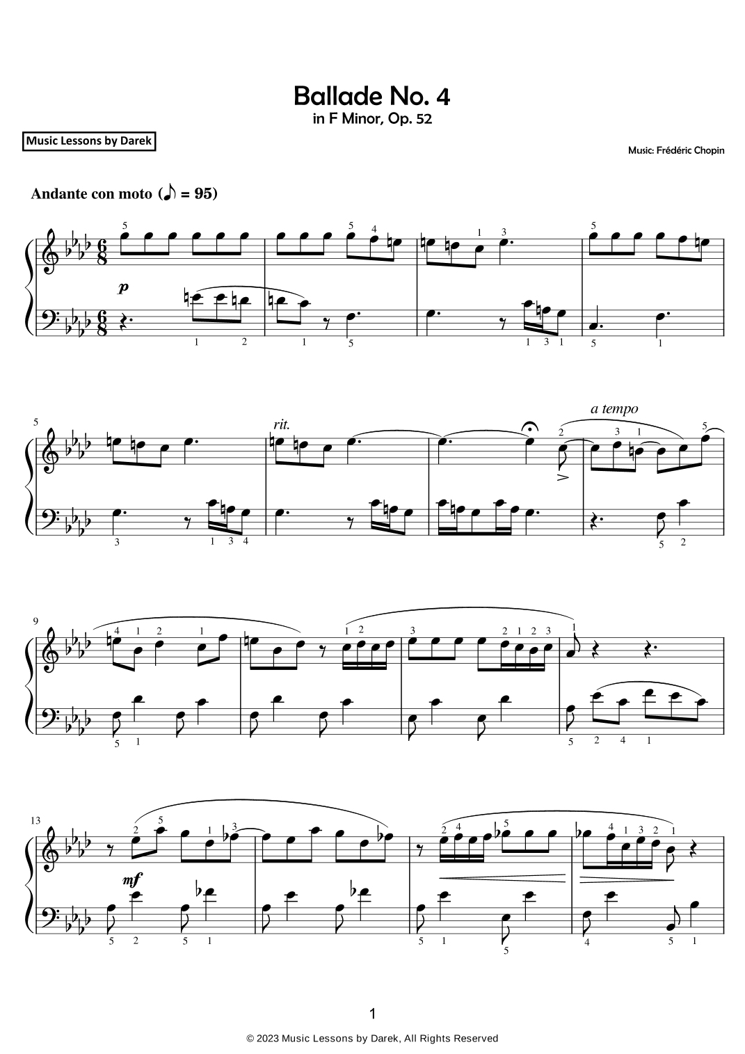 Ballade No. 4 (EASY PIANO) in F Minor, Op. 52 [Frédéric Chopin] (arr. Darek)