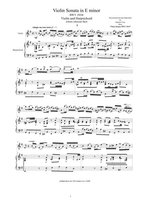Bach - Violin Sonata in E minor BWV 1034r for Violin and Harpsichord or Piano (arr. Santino Cara)