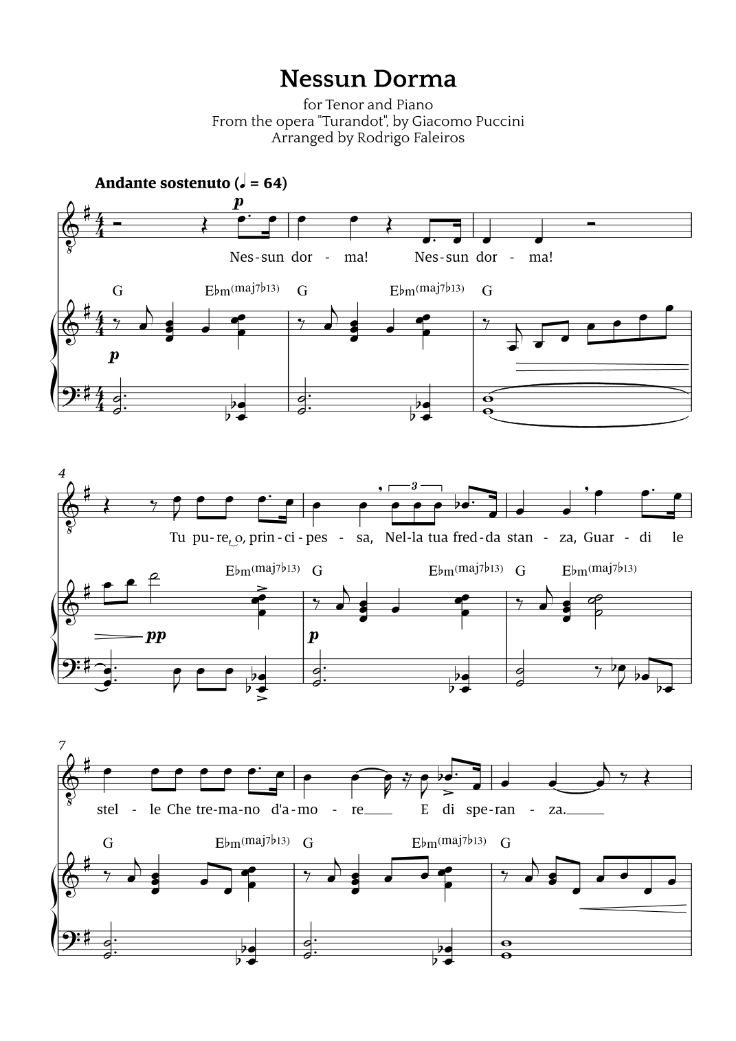 Nessun Dorma (for tenor and piano) (arr. Rodrigo Faleiros)