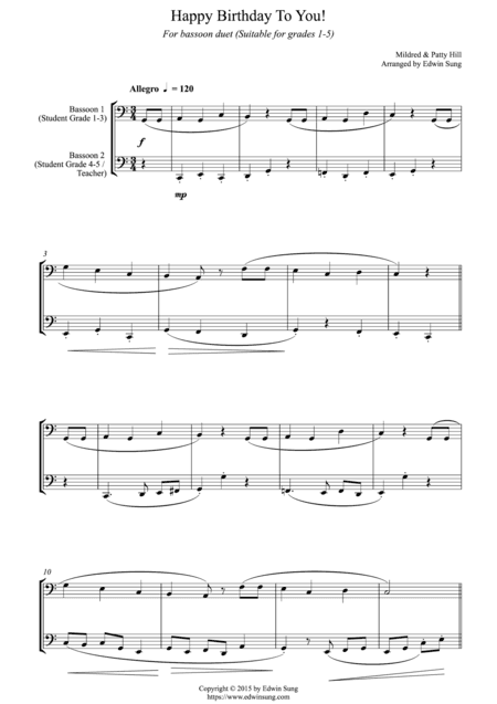 Happy Birthday To You! (for bassoon duet, suitable for grades 1-5) (arr. Edwin Sung)