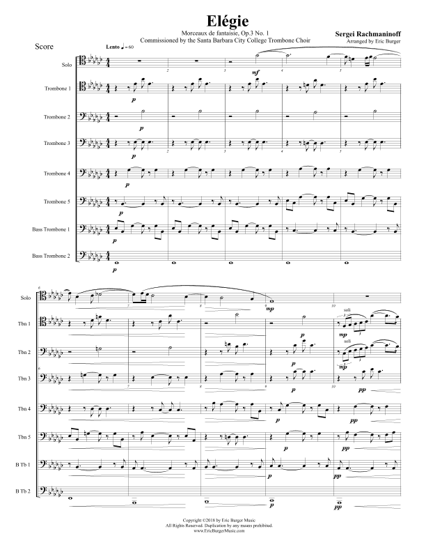 Elégie for Solo Trombone or Euphonium in Octet (arr. Eric Burger Music)