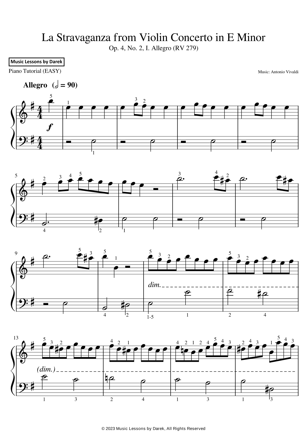 La Stravaganza from Violin Concerto in E Minor (EASY PIANO) Op. 4, No. 2, I. Allegro (RV 279) (arr. Darek)