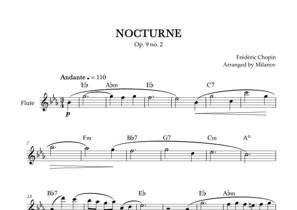 Chopin Nocturne op. 9 no. 2 | Flute | E-flat Major | Chords | Easy beginner (arr. Milanov)