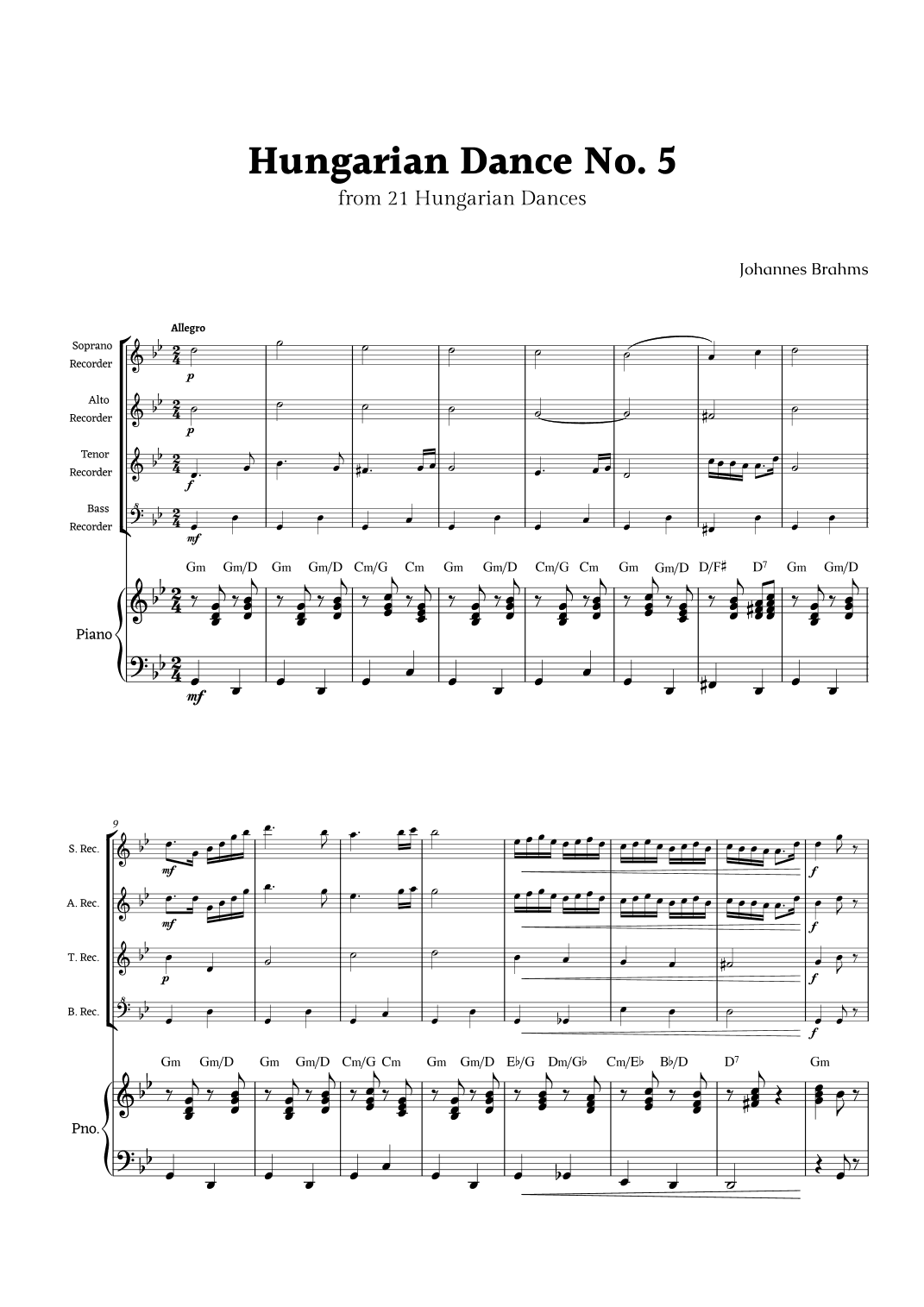 Hungarian Dance No. 5 by Brahms for Recorder Ensemble Quartet and Piano (arr. Rika K.)