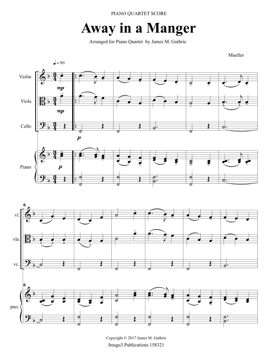 Away In A Manger for Piano Quartet (arr. James M. Guthrie, ASCAP)