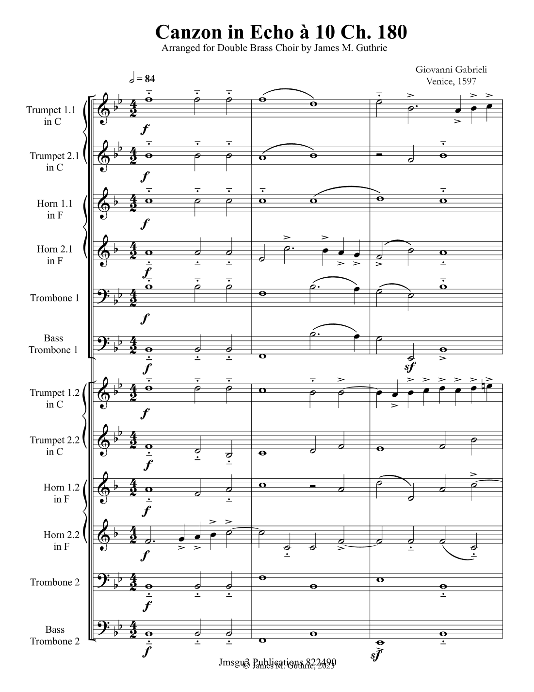 Gabrieli: Canzona in Echo Ch. 180 for Double Brass Choir (arr. James M. Guthrie, ASCAP)
