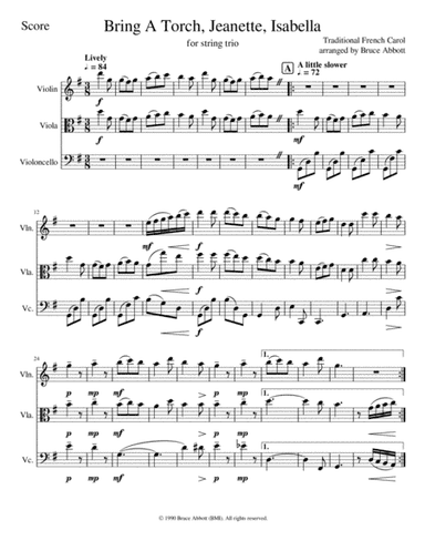 Bring A Torch, Jeanette, Isabella (for string trio) (arr. Bruce Abbott)