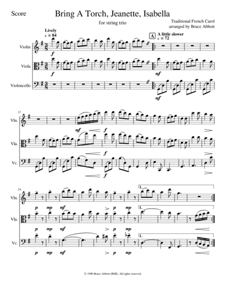 Bring A Torch, Jeanette, Isabella (for string trio) (arr. Bruce Abbott)
