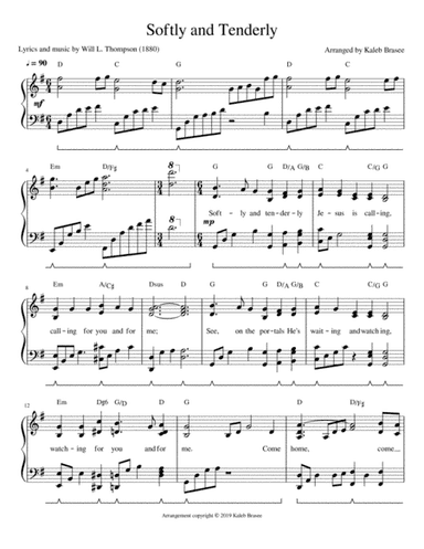 Softly and Tenderly - piano solo with lyrics and chords (arr. Kaleb Brasee)