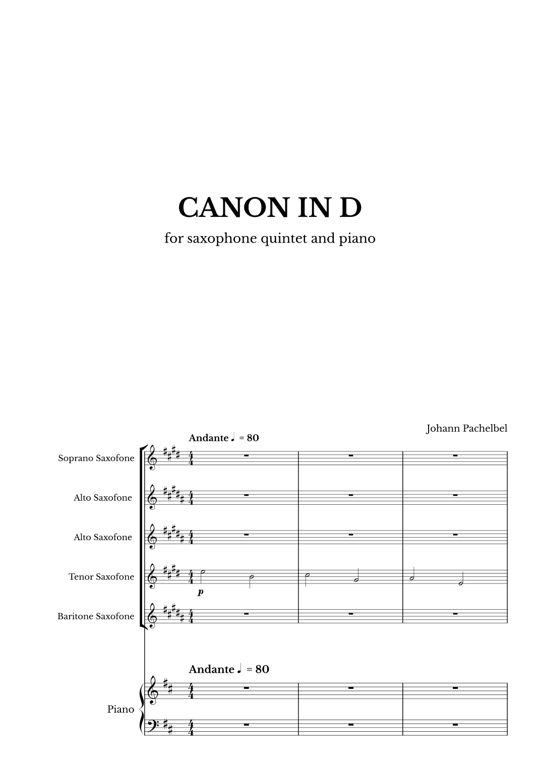 Canon in D for Saxophone Quintet and Piano with chords (arr. Maurício Luz)