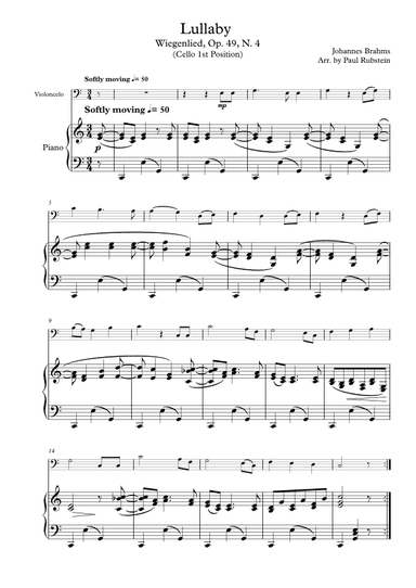 Lullaby/Wiegenlied for Cello and Piano (Cello 1st Position) (arr. Paul Rubstein)