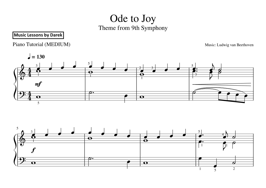 Ode to Joy (MEDIUM PIANO) Theme from 9th Symphony [Ludwig van Beethoven] (arr. Darek)