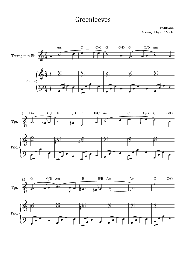 Greensleeves - Trumpet Bb + Piano Accompaniment (arr. G.D.V.S.L.J)