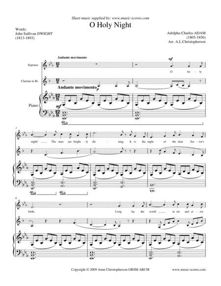 Cantique de Noel; O Holy Night - Voice, Clarinet and Piano (arr. Anne L Christopherson GRSM ARCM)