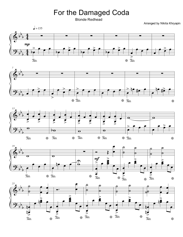 For the Damaged Coda - Piano Arrangement - Intermediate Difficulty (arr. Nikita Khryapin)