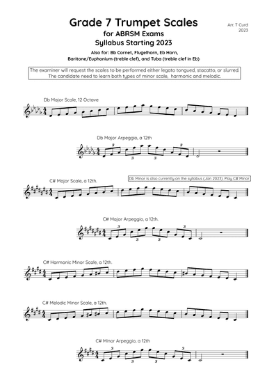 Trumpet Scales Grade 7. For the new ABRSM Syllabus from 2023. (arr. Tim Curd)