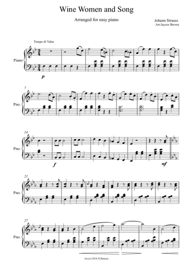 Wine Women and Song for easy piano (arr. Jaycee Brown, JCBmusic)