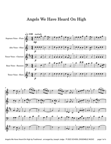 Angels We Have Heard On High for Woodwind Quartet in Schools (arr. Joseph Judge)
