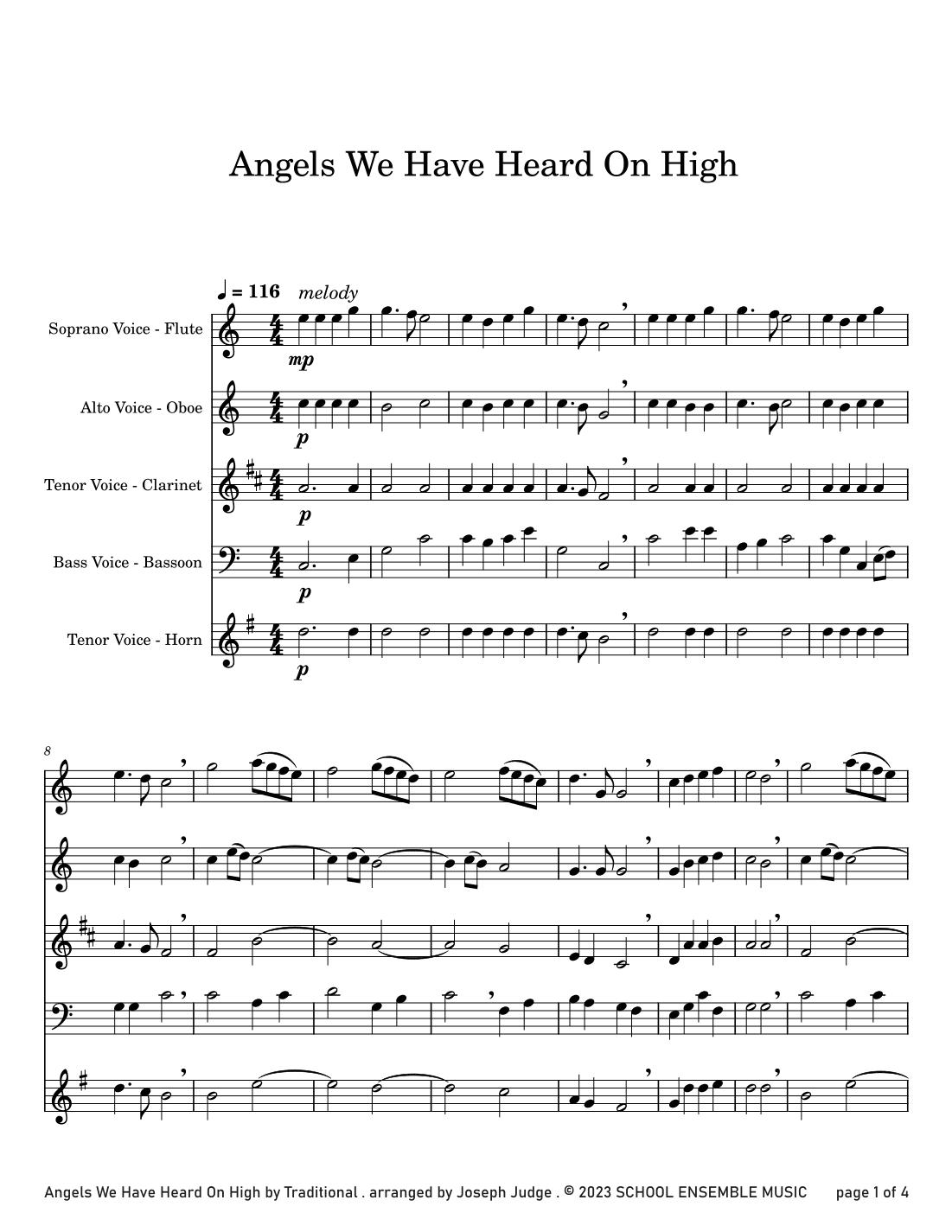 Angels We Have Heard On High for Woodwind Quartet in Schools (arr. Joseph Judge)